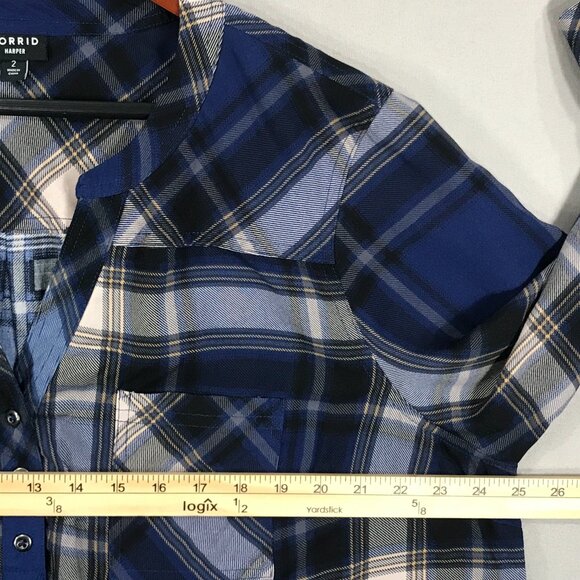 Torrid Harper Blouse Women's 2 Blue Plaid Pullover Tunic Top 3/4 Sleeve Roll Tab - Picture 12 of 15